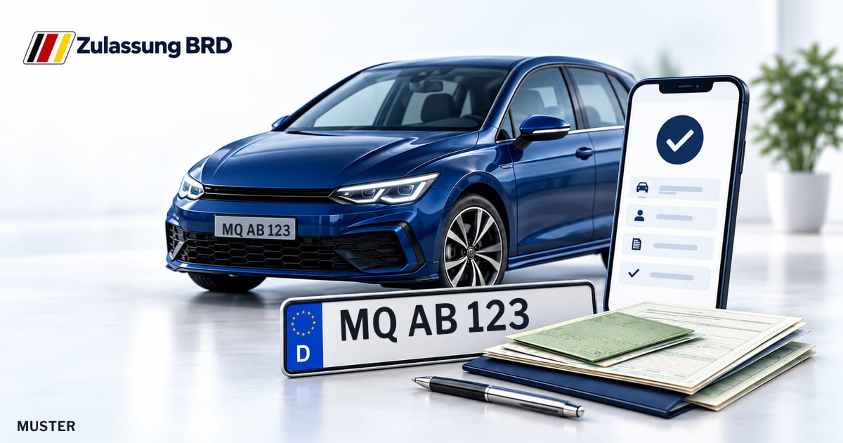 Online Fahrzeugzulassung in Salzatal: Musterkennzeichen MQ AB 123, Auto und Fahrzeugpapiere und Smartphone. Illustration mit Logo von Zulassung BRD.